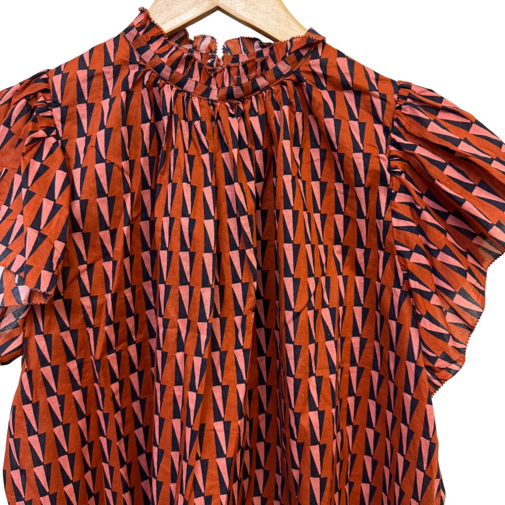 Birds of Paradis by Trovata Top XS Orange Geometric Print Flutter Sleeve Blouse - Picture 2 of 6